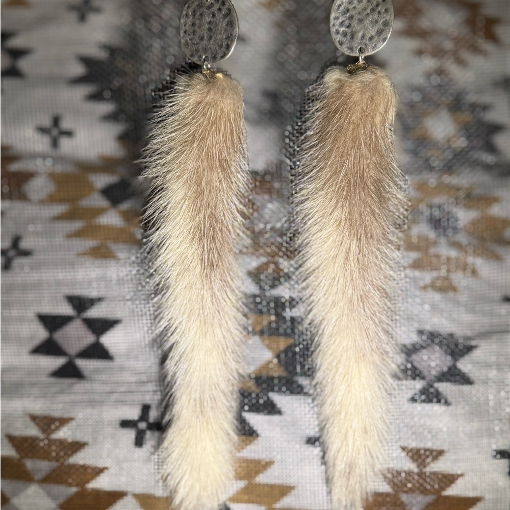 Mink Tail, Pounded Silver, 925 Silver Hooks. Made by Native Artist from Michigan